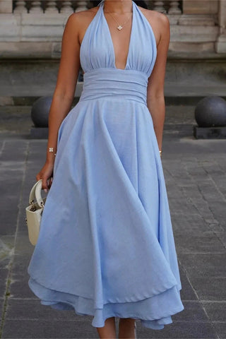 Amalfi Sky - Vestido midi de doble capa con cuello halter 