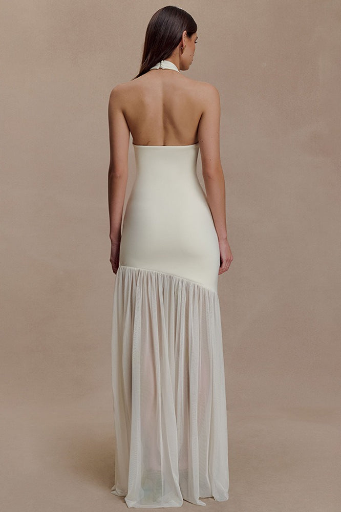 Asymmetrical Cutout Shirred Backless Fitted Maxi Dress