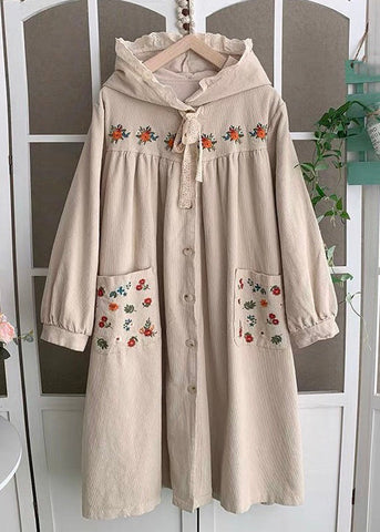 Plus Size Rosa Kapuze bestickt Schnürung Baumwolle lange Mäntel Frühling 