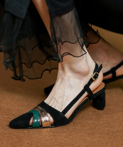 Green Hollow Out Sandals Chunky Heel Suede French Splicing