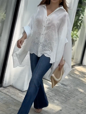 Cap Sleeve Loose Asymmetric Solid Color Lapel Collar Blouses&Shirts Tops