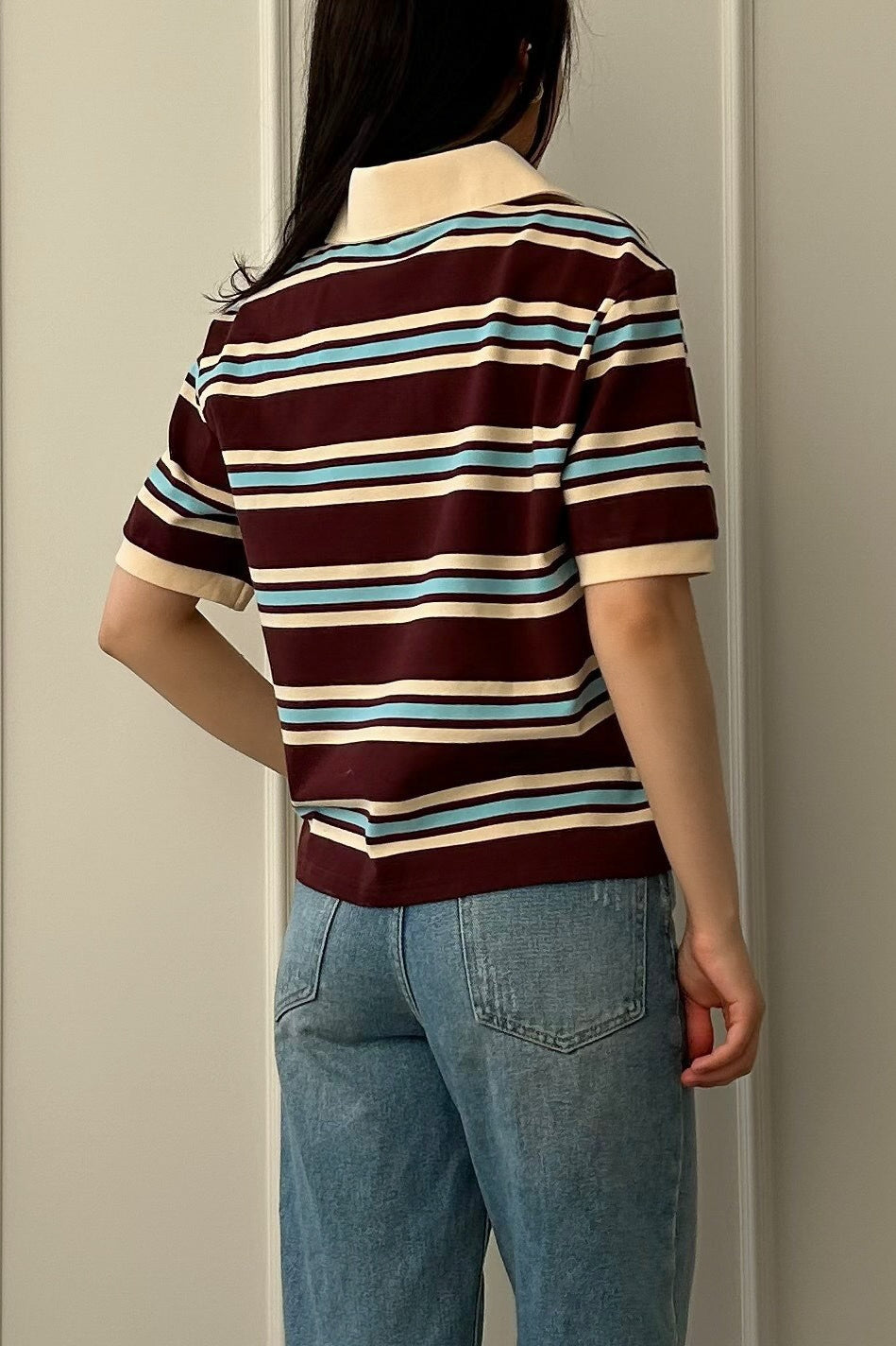 Vintage Color Block Stripe Polo Short Sleeve T-shirt