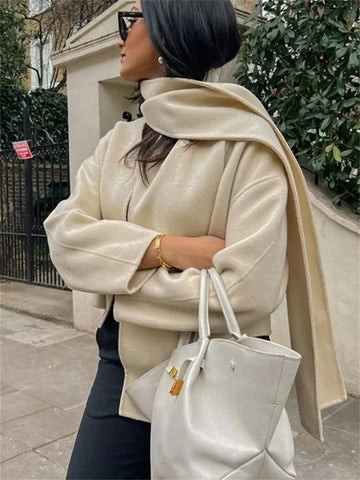 Bufanda de retazos blanca con estampado de Tossy, abrigo para mujer, holgado, de cintura alta, elegante, de manga larga, cárdigan de lana con bolsillo, ropa de abrigo corta a la moda para mujer 