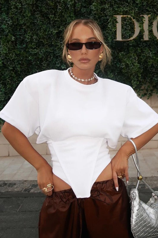 Chic Solid Wide Shoulder Tie Waist Elbow Sleeve T-shirt