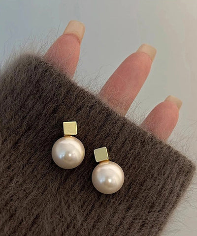 Art White Sterling Silver Overgild Pearl Stud Earrings