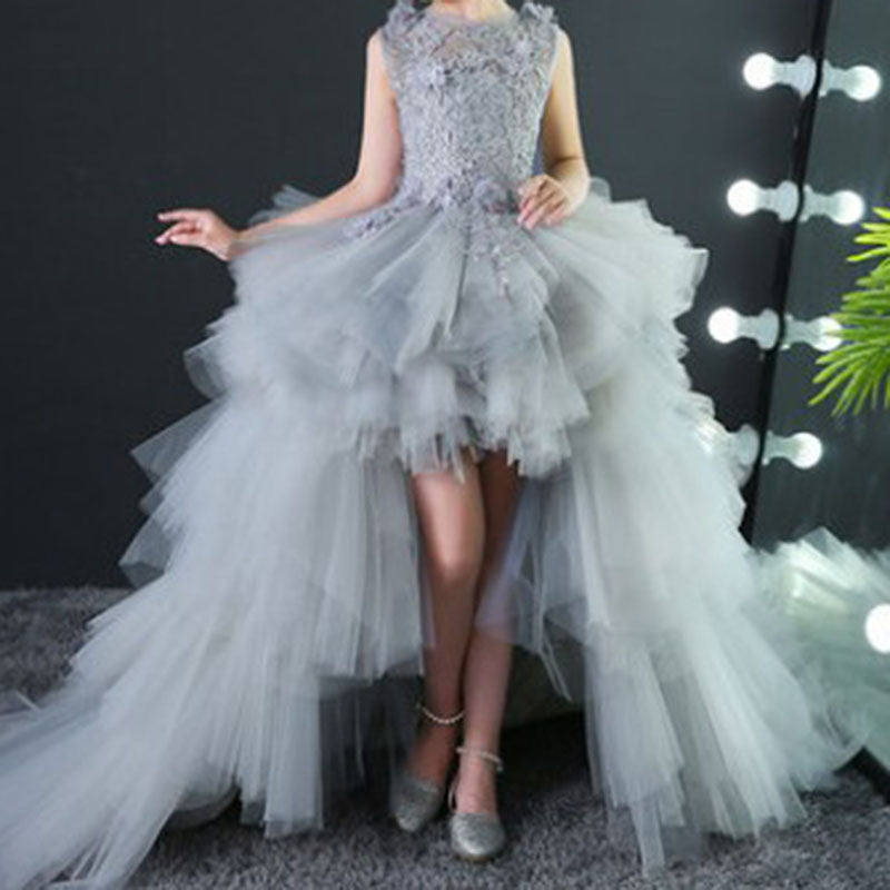 Sommer-Kommunionkleid für Mädchen, ärmellos, Paillettenstickerei, Schleppe, Prinzessinnenkleid 