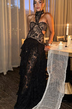 Lace Halter Cutout Bodycon Maxi Dress