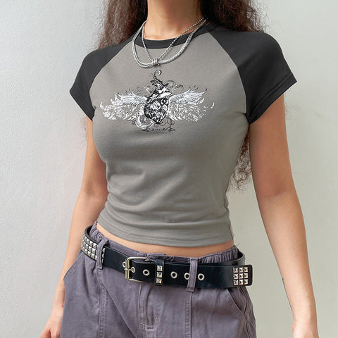 Street Personalized Dark Retro Printed Contrast Color Raglan Sleeve Slim Fit Figure Flattering round-Neck Short Sleeve T-shirt