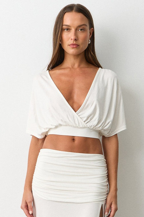 Deep V Ruched Batwing Cropped Blouse
