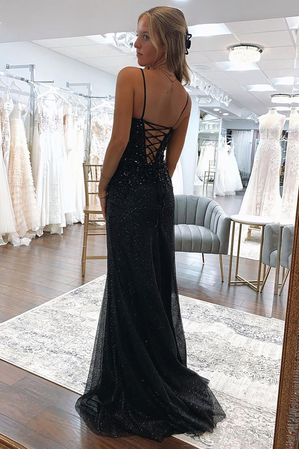 Mermaid Spaghetti Straps Black Sequins Long Prom Dress with Criss Cross Back