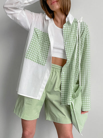 Long Sleeves Loose Buttoned Contrast Color Plaid Pockets Split-Joint Lapel Blouses&Shirts Tops