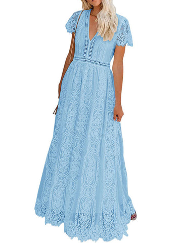V-Neck Maxi Dress Short Sleeves Casual Long Dress