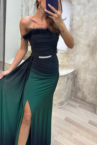 Wild Elegance Maxikleid mit Farbverlaufsdruck, Federbesatz, Gürtel und Schlitz 