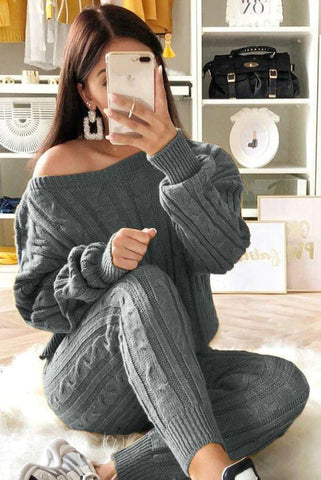 Set aus Zopfmusterpullover und Slim-Fit-Hose mit hohem Tragekomfort 