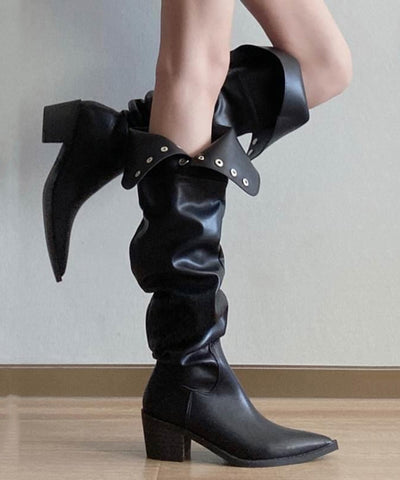 Botas de moda con tacón grueso y empalme de piel sintética negra 