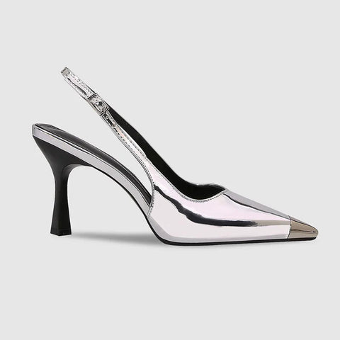 New silver straight line with fashionable pointed thin high heels sandals wedding shoes for women black patent leather