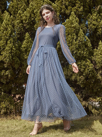 Maxi Dress Jewel Neck Long Sleeves Casual Sheer Sash Long Dress
