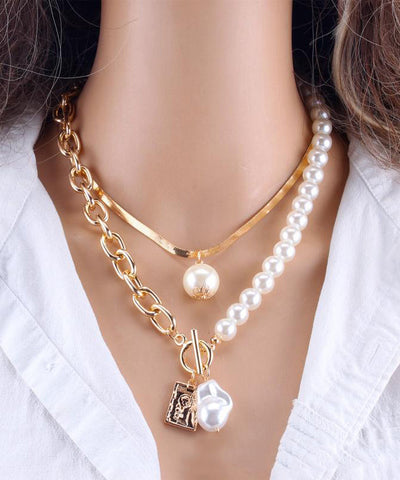 Mode Gold Kette Perle Halskette Für Frauen Barock Perle Metall Zwei Stück Set 