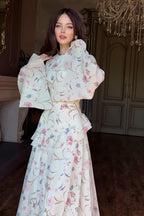 Floral Round Neck Long Sleeve Tie Maxi Dress