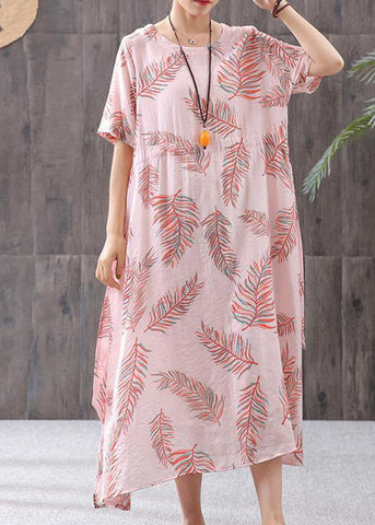 Ropa de lino francesa para mujer, vestido de cuello redondo con estampado de lino y algodón de talla grande 