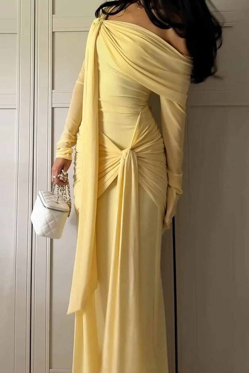Off Shoulder Long Sleeve Solid Tie Bodycon Maxi Dress