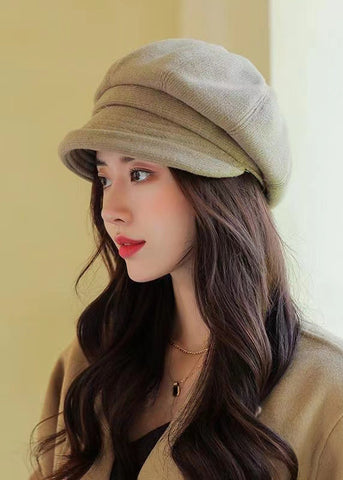 Cute Style Khaki Wrinkled Patchwork Beret Hat