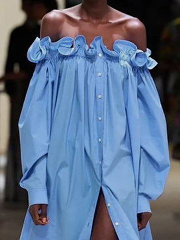 Lange Ärmel, lockeres, gerüschtes, schulterfreies Maxikleid mit Schlitz 