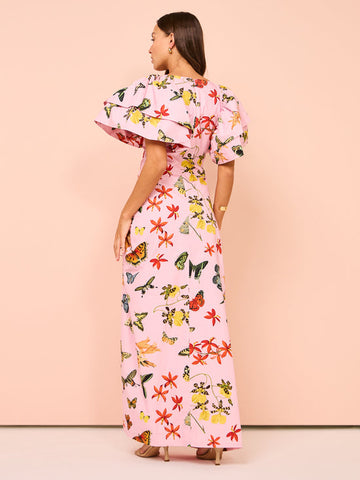 Vestido largo con abertura y cordón, mangas abullonadas y estampado de mariposas 