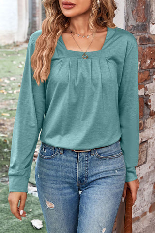 Tops casuales de cuello cuadrado con pliegues sólidos 
