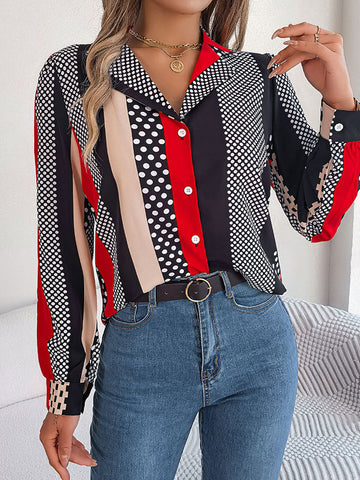 Long Sleeves Buttoned Contrast Color Polka-Dot Notched Collar Blouses&Shirts Tops