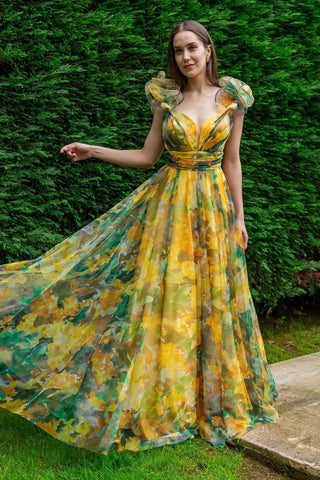 Dana Printed Ruffle Chiffon Maxi Dress