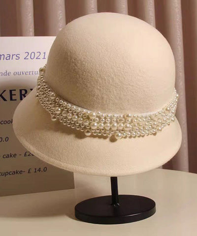 Elegante sombrero de cubo de lana negro hecho a mano con cuentas de clavos 