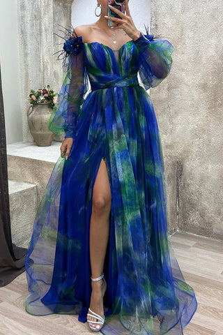 Luxuriöses Maxi-Abendkleid aus Netzstoff mit Tüll und Blumenmuster, schulterfrei, plissiert und Schlitz 