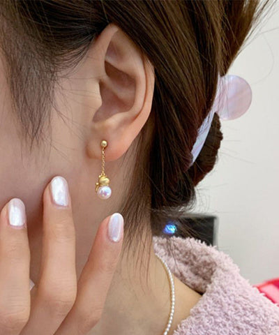 Chinese Style Gold Sterling Silver Overgild Pearl Little Cat Drop Earrings