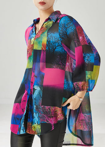 Französisch Lila Oversized Print Chiffon Shirt Tops Frühling 