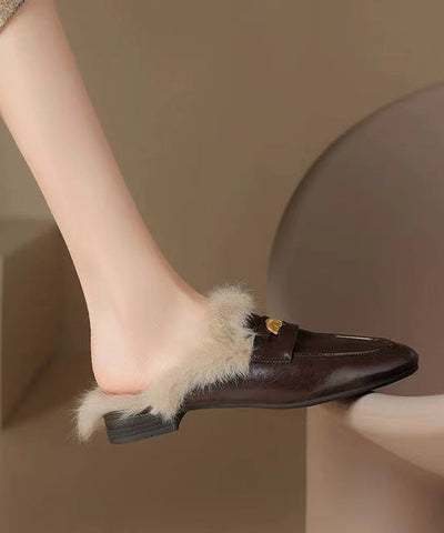Mocasines con forro de lana afelpada de piel de vaca marrón 