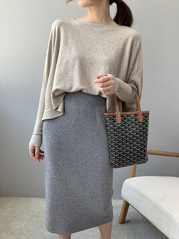 Fledermausärmel High-Low Einfarbiger Strickpullover mit U-Boot-Ausschnitt 