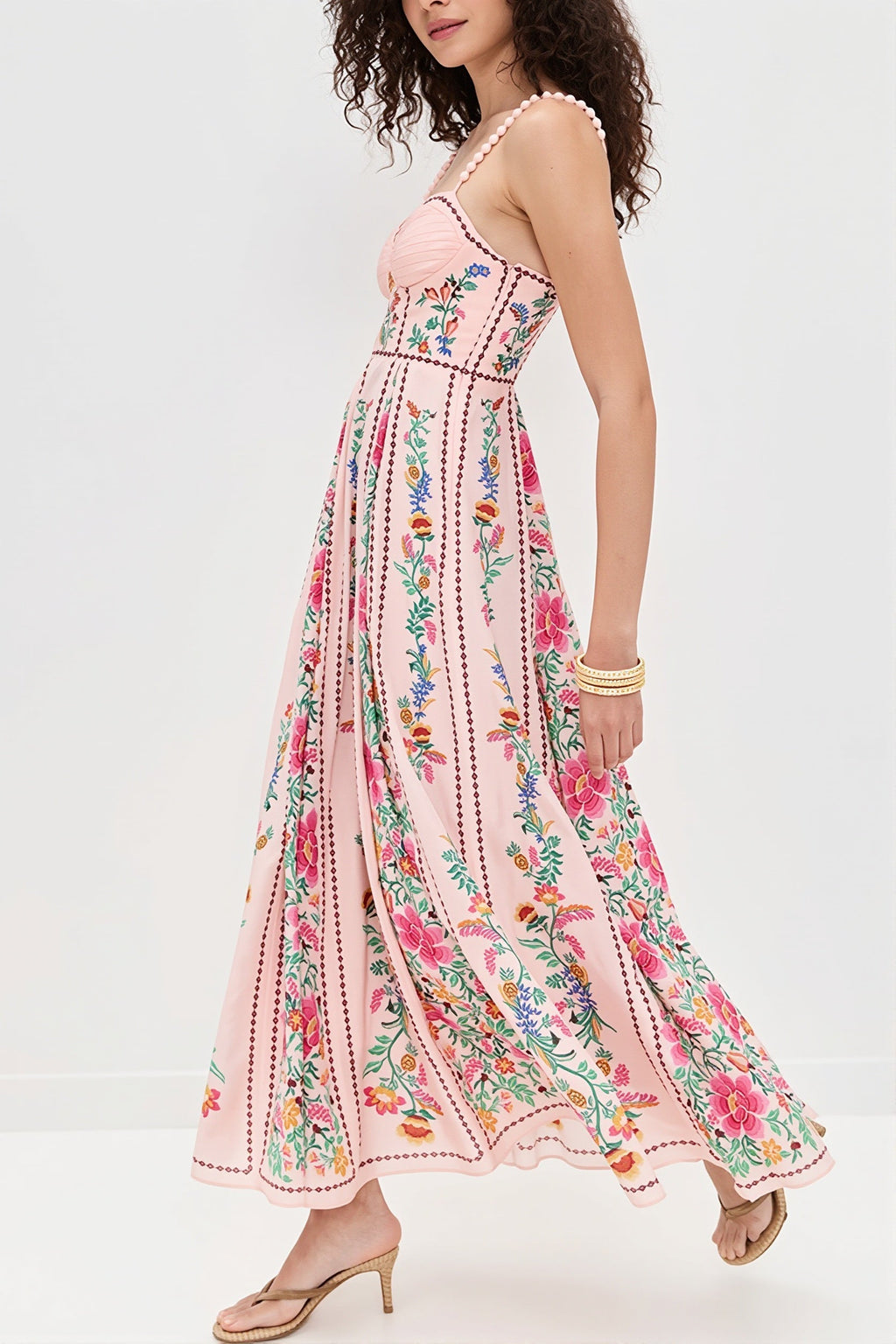 Linen Floral Spaghetti Long Boho Dress
