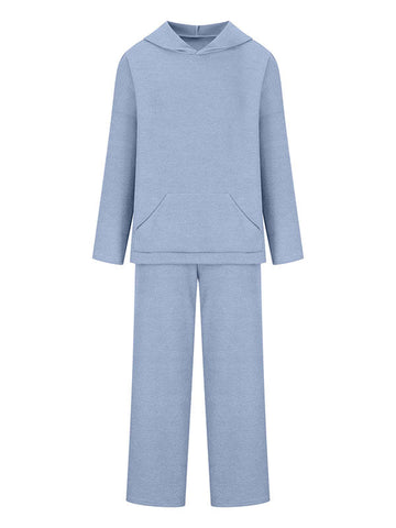Conjunto de dos piezas de suéter holgado de color sólido con cuello redondo, capucha y mangas largas + pantalón con cordón ajustable 
