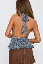 Retro Zebra Print Backless Halter Tie Waist Blouse