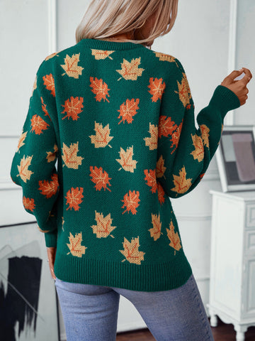 Suéter informal de jacquard con estampado de hojas de arce para mujer 