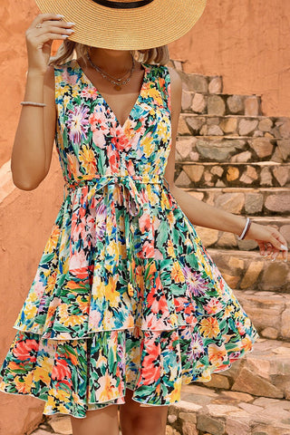 Floral V-Neck Lace Up Layered Hem Sleeveless Mini Dress