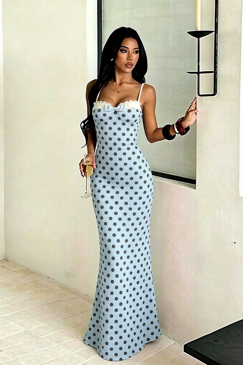 Polka Dot Spaghetti Strap Bodycon Maxi Dress