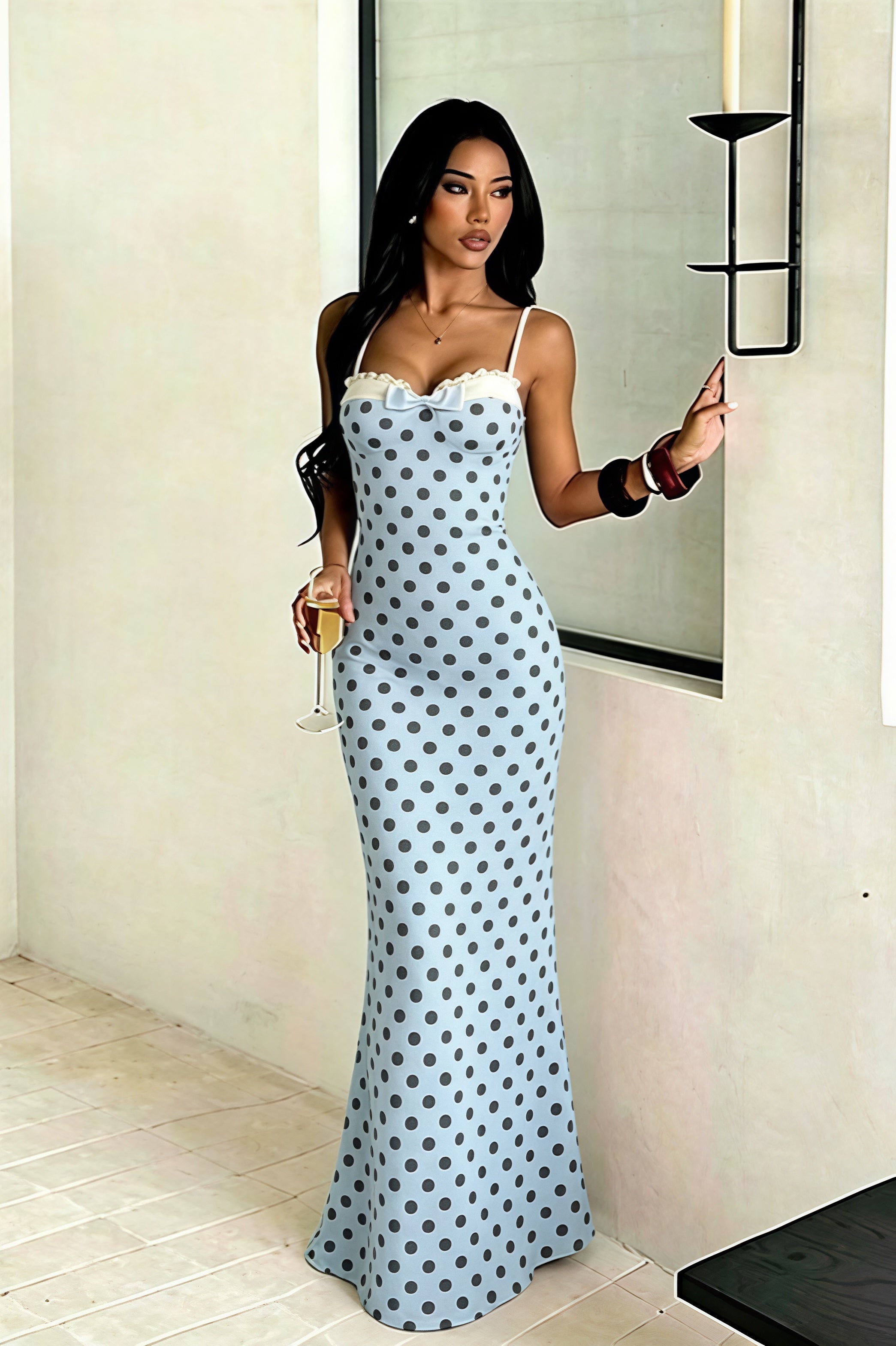 Polka Dot Spaghetti Strap Bodycon Maxi Dress
