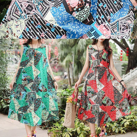 Bohemian red print cotton clothes Women sleeveless tie waist A Line summer Dresses