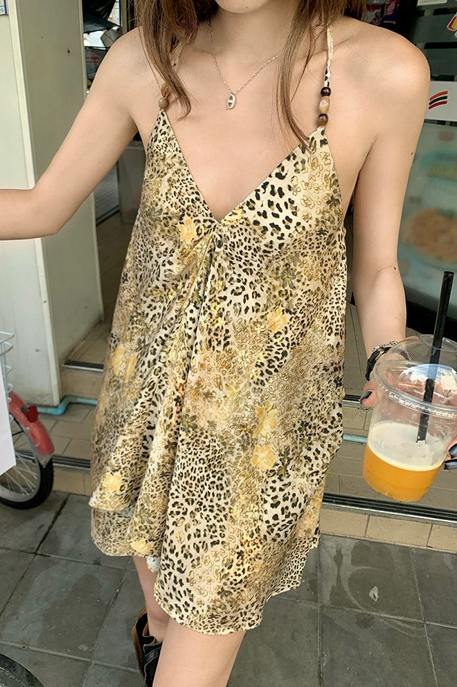 Chiffon V Neck Leopard Print Beaded Cami Top