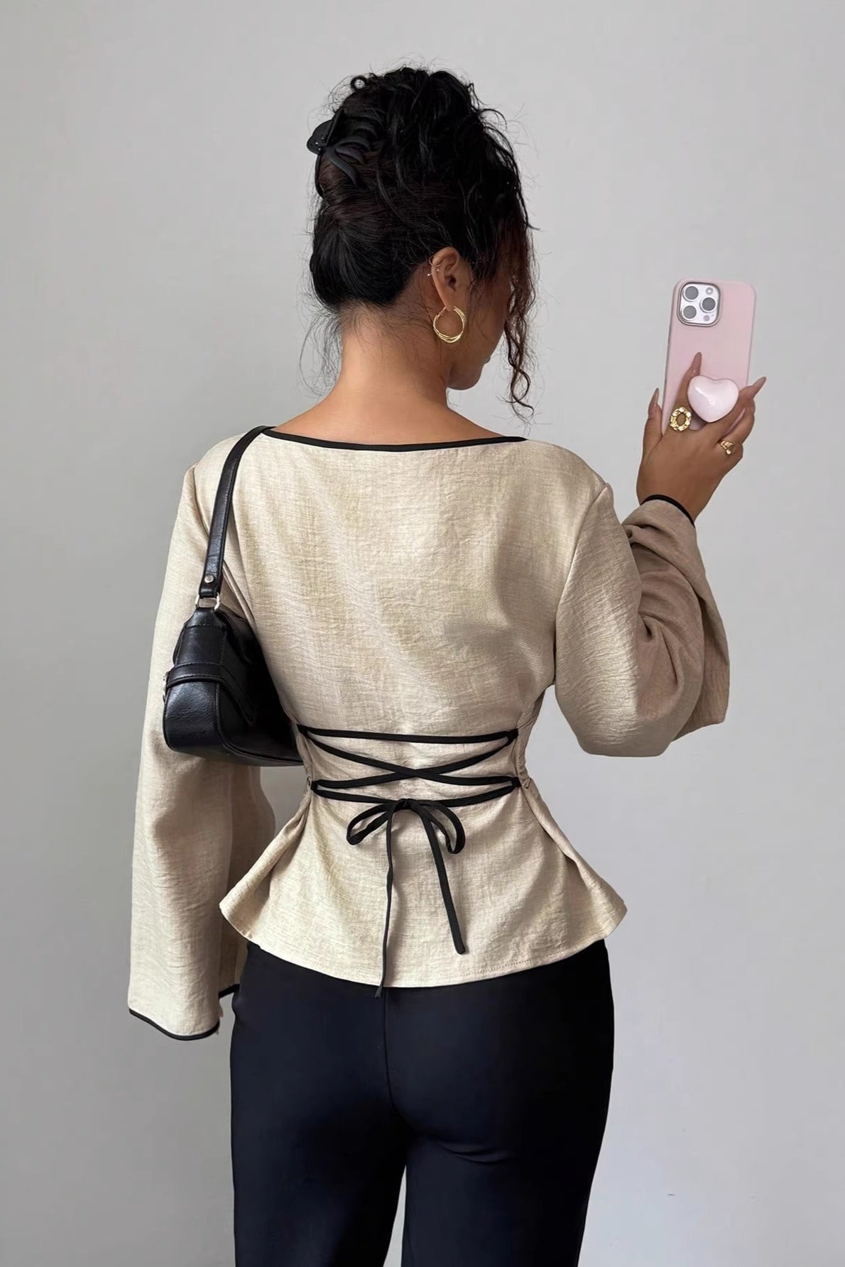 Solid Flare Sleeve Ruched Waist Blouse