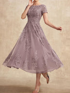 A-Linien-Kleid aus Tüllspitze mit Rundhalsausschnitt und Teelänge für die Mutter der Braut 