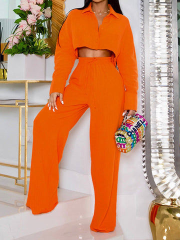 Conjunto de dos piezas de blusa de manga larga de color liso y pantalón ancho de cintura alta con cordón elástico 