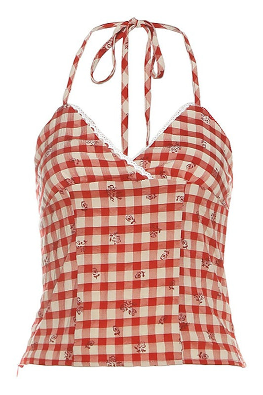 Fresh Red Plaid Backless Halter Top